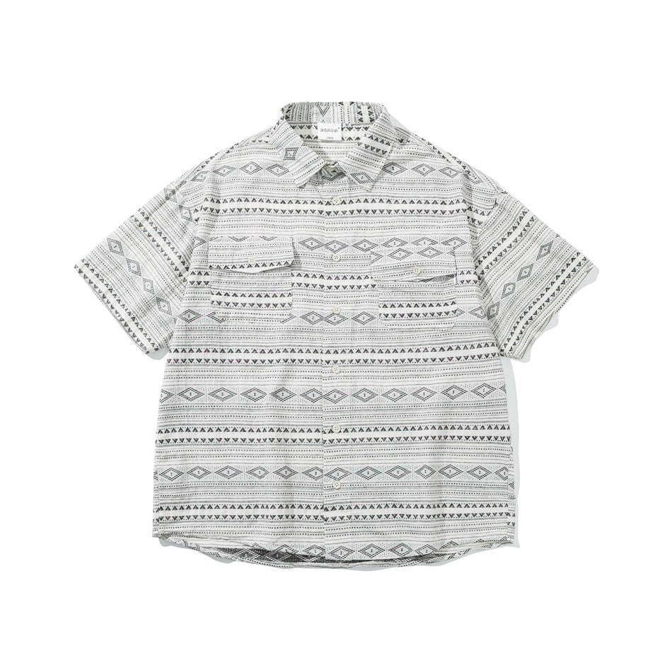 Black and off-white geometric striped short-sleeve button shirt with two chest flap pockets, flat front view