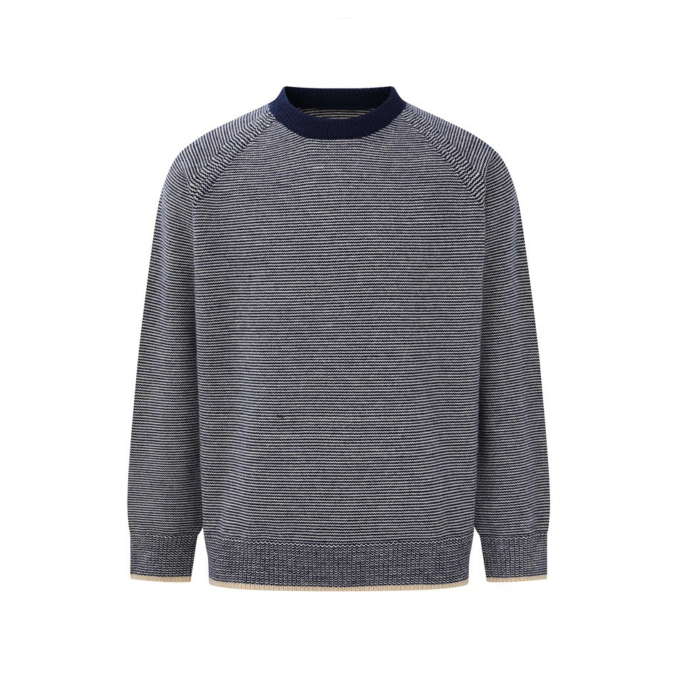 Flat front view of navy and white striped crew-neck sweater with raglan sleeves, navy collar and cream trim on cuffs and hem
