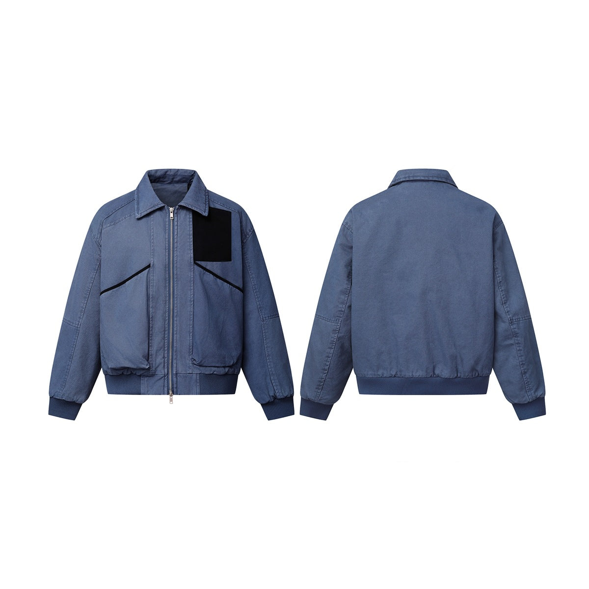Blue zip-front jacket shown from the front and back, with a black chest panel and dark ribbed cuffs and hem.
