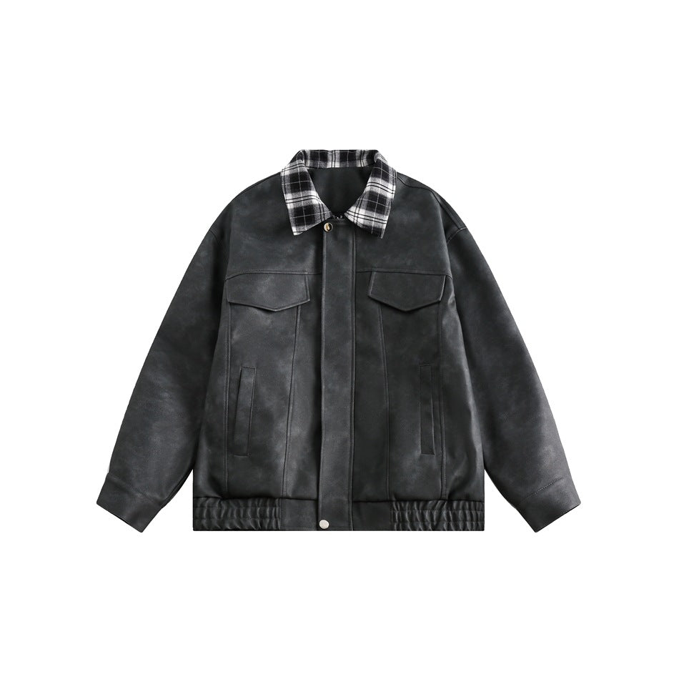 Black distressed faux-leather-look jacket with plaid collar, chest flap pockets and elastic hem, flat front view