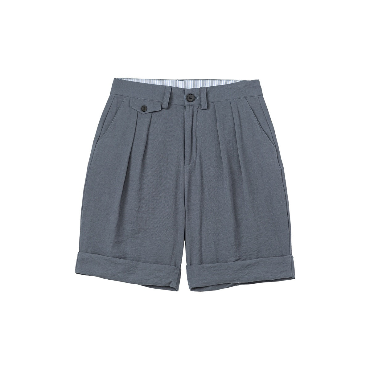 Gray blue pleated cuffed shorts, flat front view with waistband flap tab, button fly and side pockets