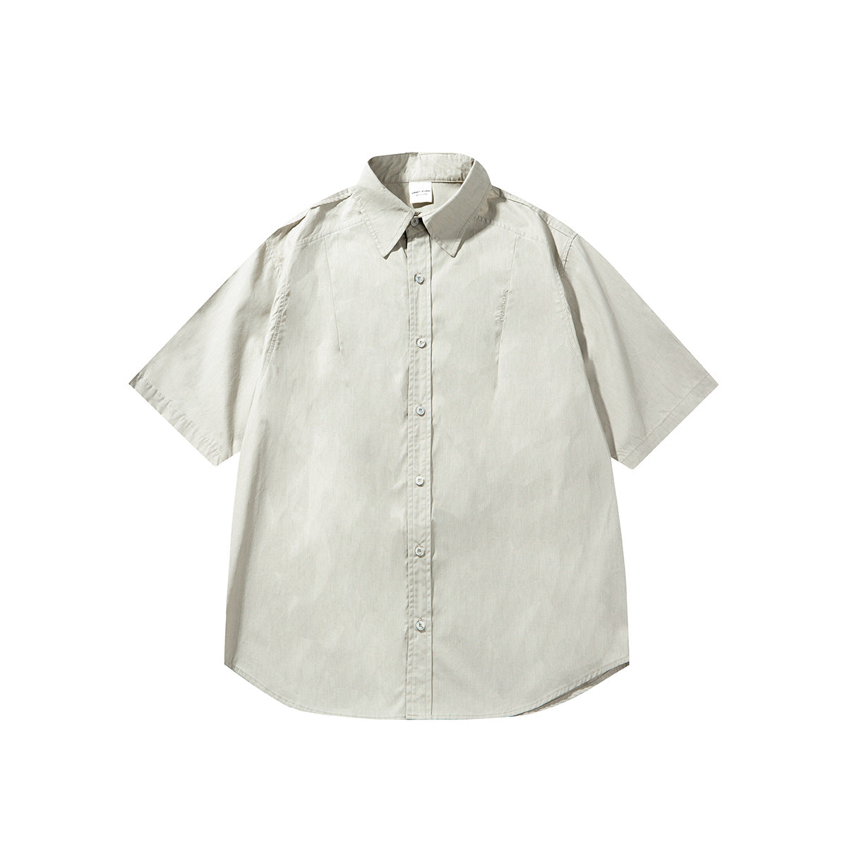Light gray short-sleeve button-up shirt with pointed collar and curved hem, flat front view