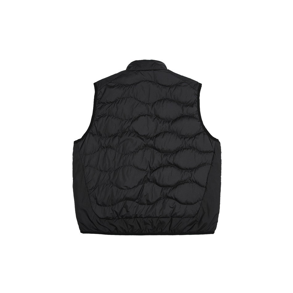 Black sleeveless quilted vest shown from the back, with a stand collar and wavy horizontal stitching.