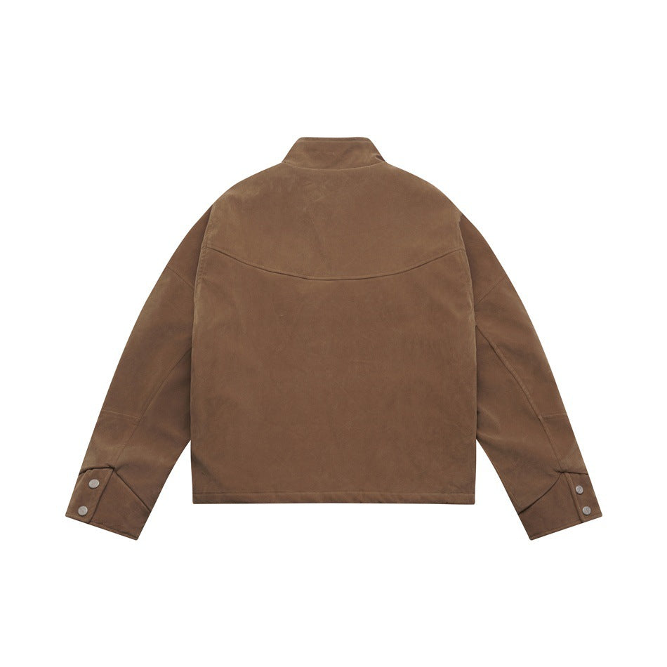 Back view of a brown jacket with a stand collar, curved yoke seam, and snap-button cuffs.