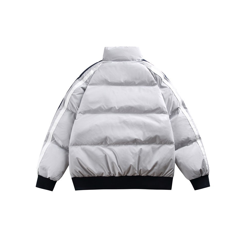 Back view of a light gray padded jacket with horizontal quilting, white sleeve stripes, and black ribbed cuffs and hem.