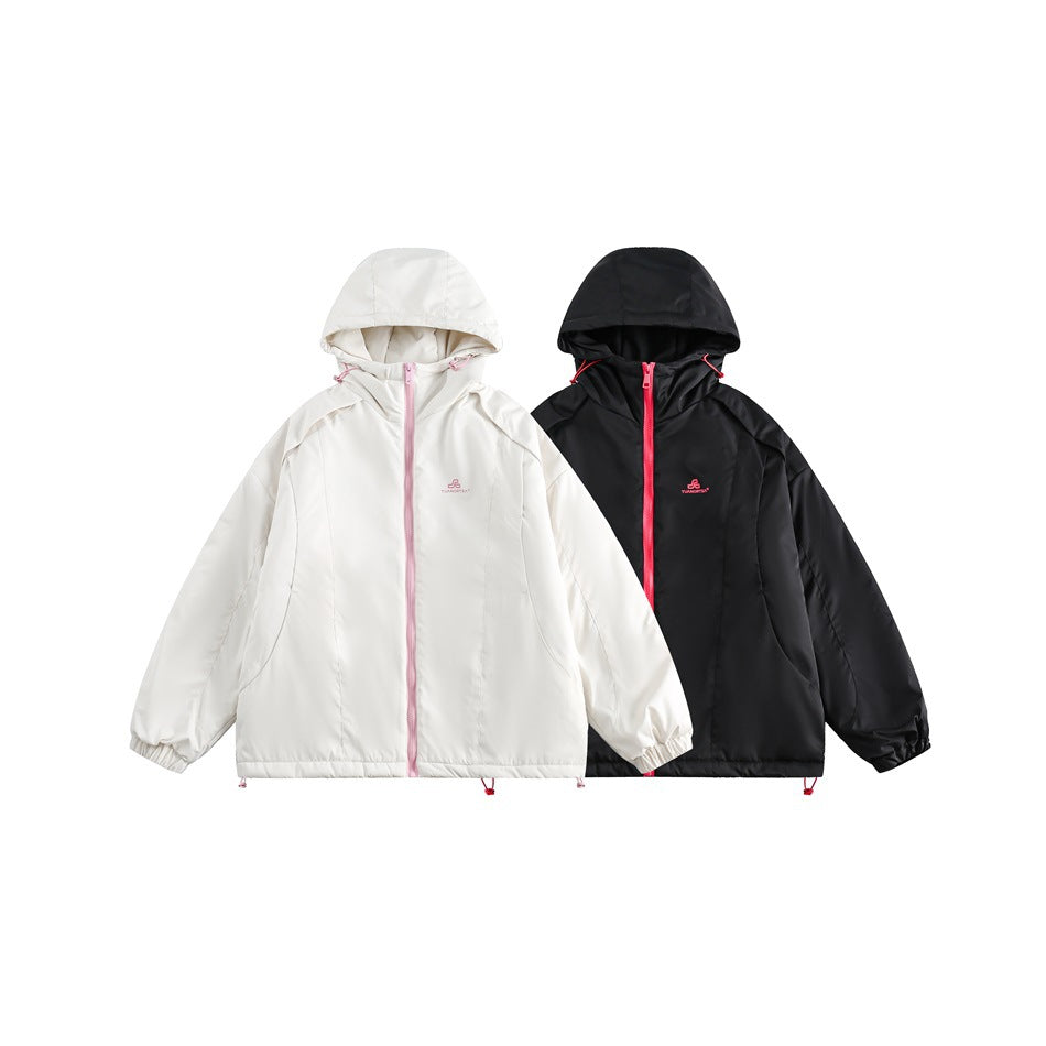 Two hooded jackets shown together: white with a pale pink zipper and black with a bright pink zipper.
