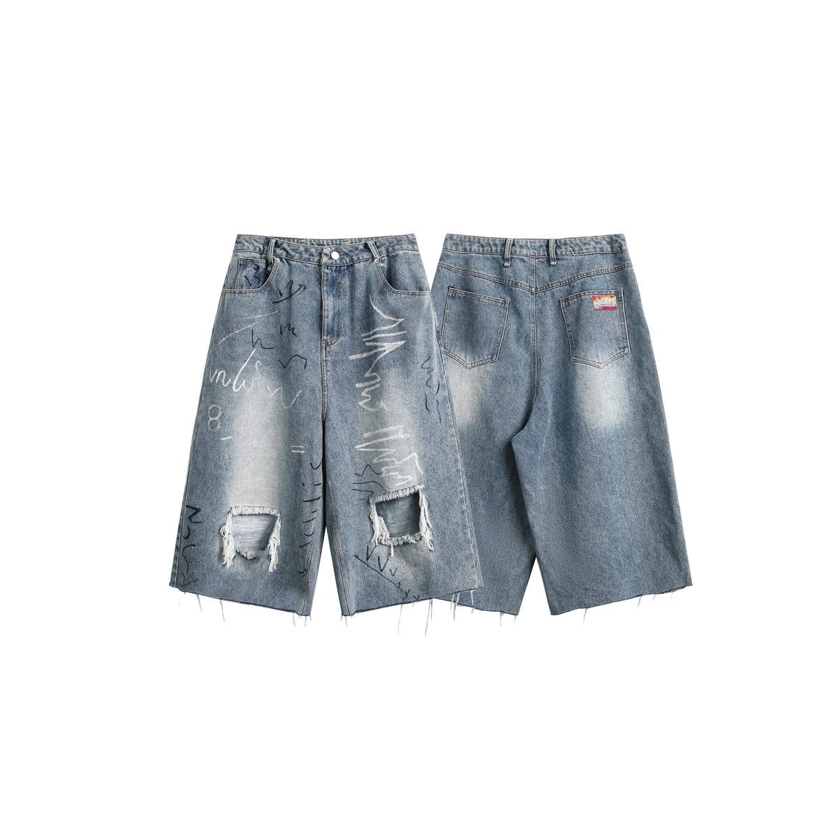 Front and back views of wide-leg faded blue denim shorts with raw hems, distressed holes and decorative markings.