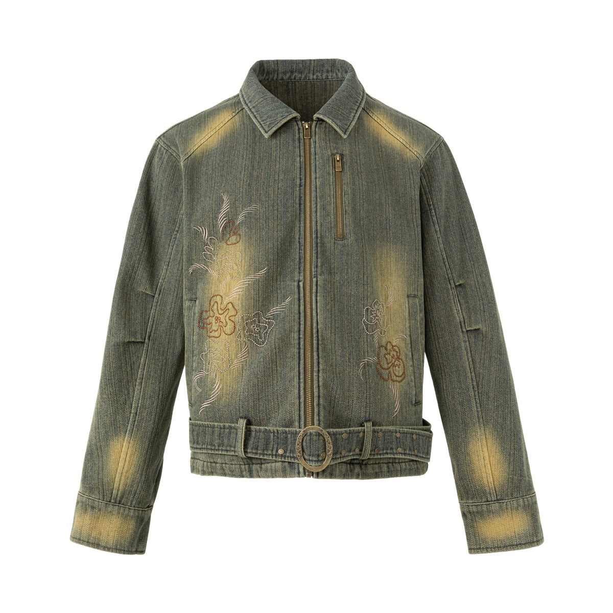 Faded green-blue denim jacket with front zip, chest zip pocket, floral embroidery and belted waist, shown flat