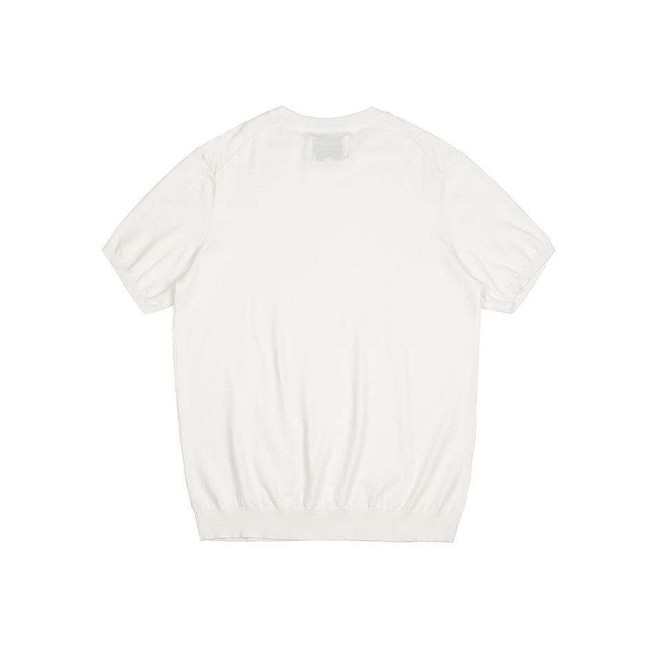 Back view of a cream short-sleeve knit top with a crew neck and ribbed hem.