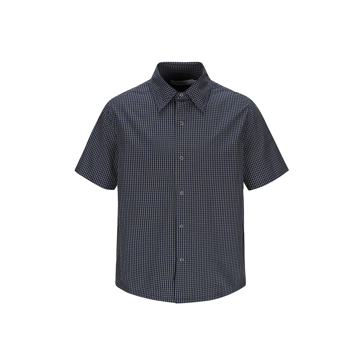 Navy small-check short-sleeve shirt with pointed collar and snap front, flat front view