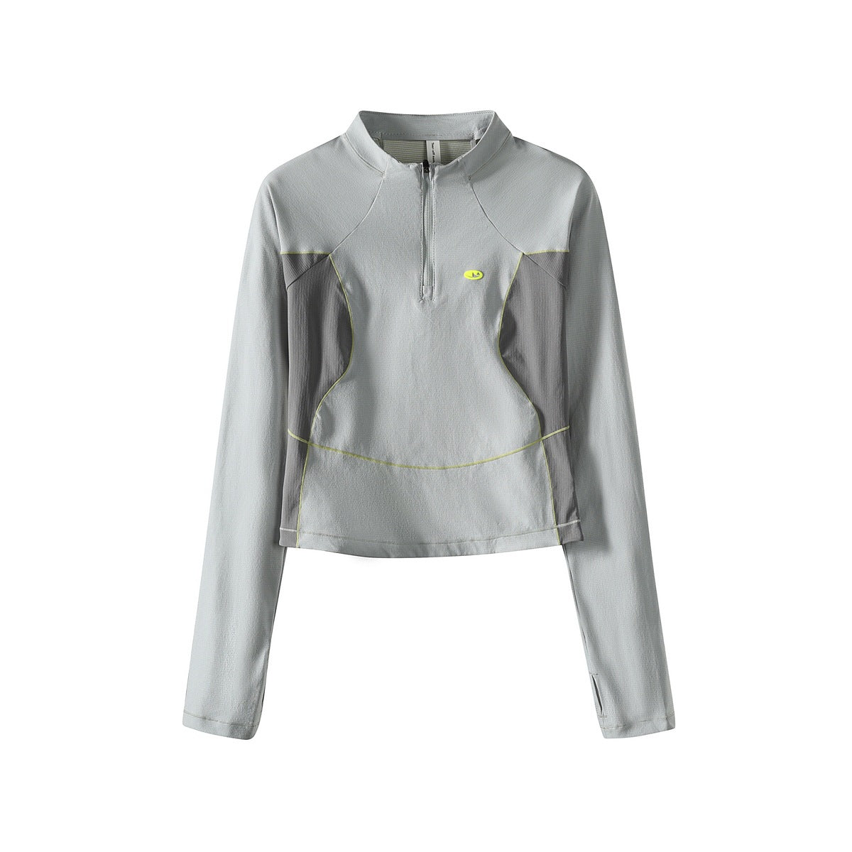 Gravel gray cropped half-zip long-sleeve top with darker gray side panels and neon yellow piping, flat lay