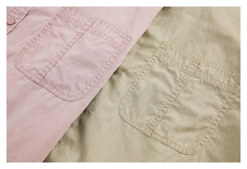 Close-up of large stitched patch pockets on dusty pink and beige shirts.