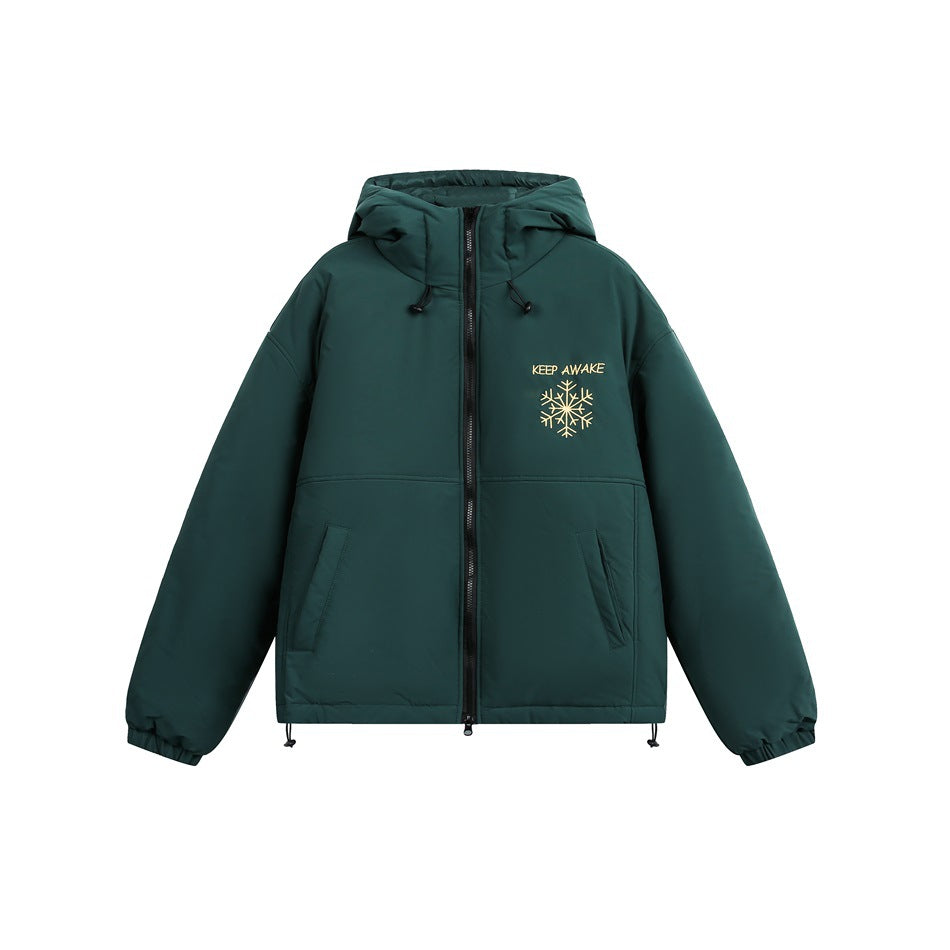 Green hooded zip-up jacket with a gold embroidered snowflake and KEEP AWAKE text on the chest, front view