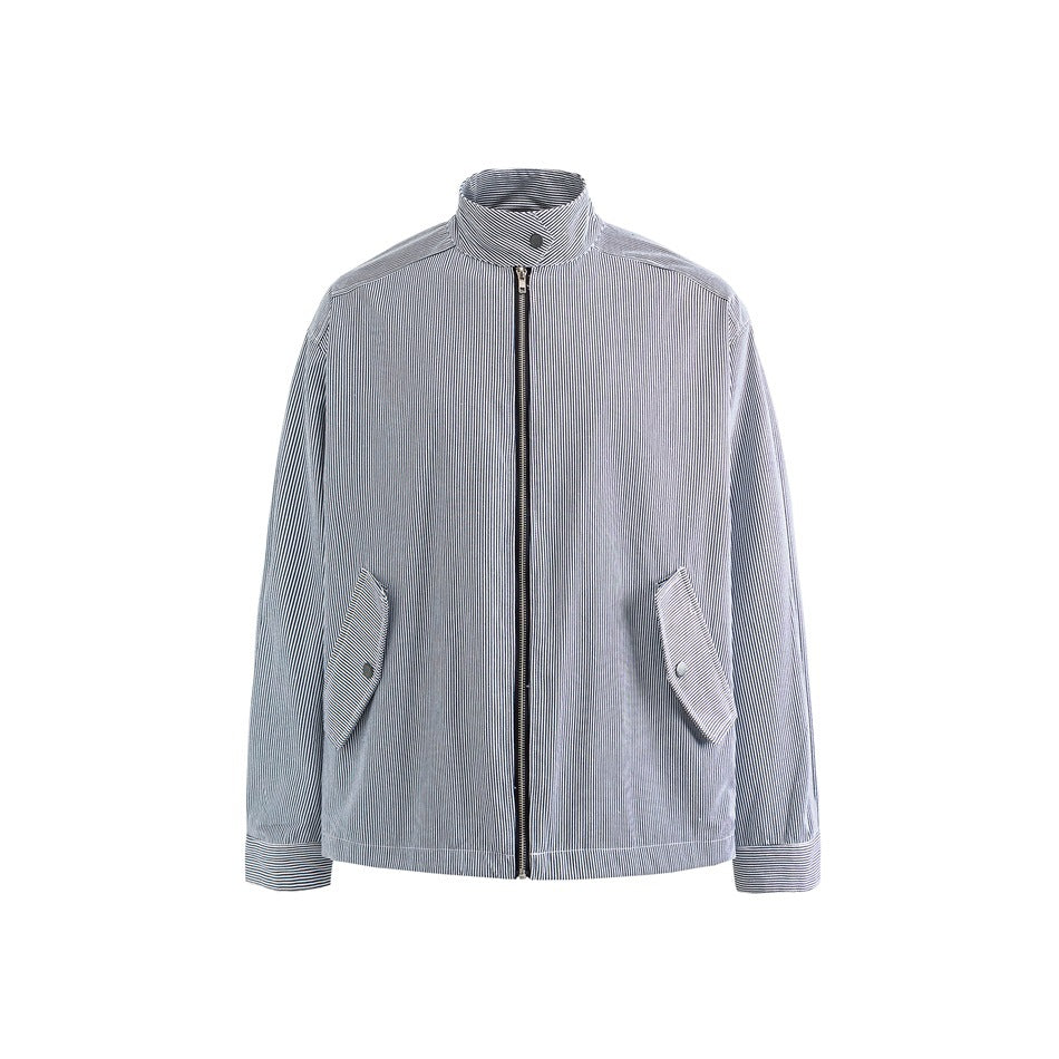 Navy and white pinstriped zip-front stand-collar jacket with two snap flap pockets, flat front view