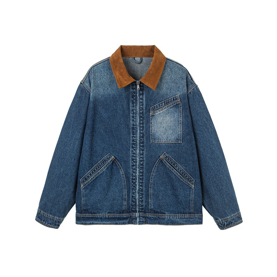 Dark blue washed denim jacket with brown collar, front zip, chest patch pocket and curved front pockets, flat view