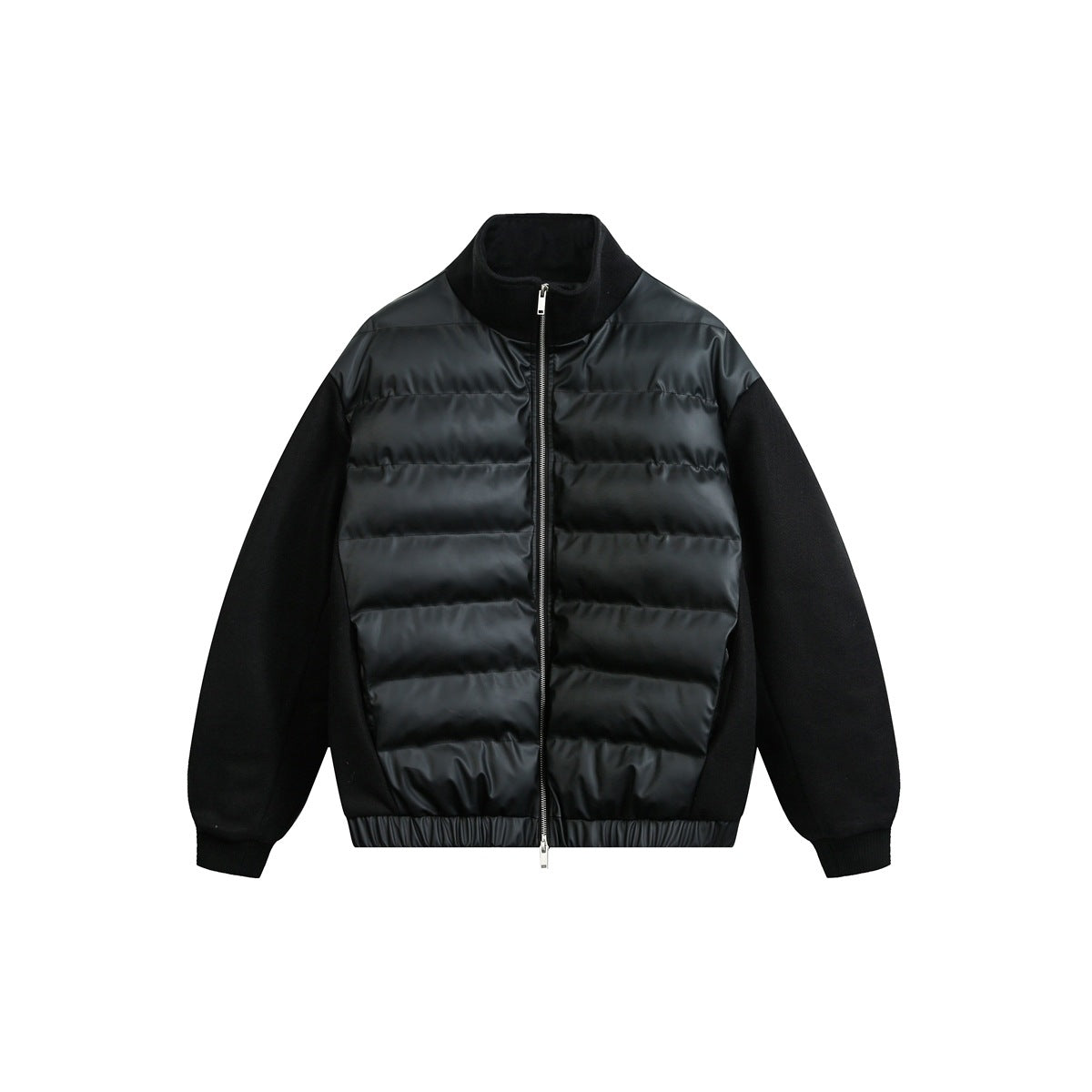 Black stand-collar zip jacket with matte quilted puffy front panels and textured sleeves, flat front view