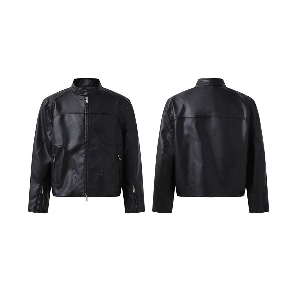 Black faux-leather zip jacket shown front and back side by side on a plain white background
