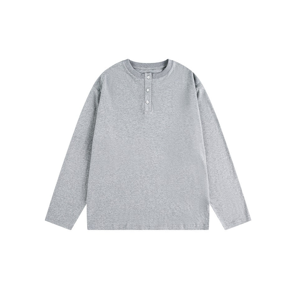Heather gray long-sleeve henley-style top with ribbed round neck and three buttons, flat front view