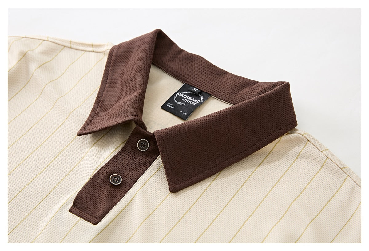 Close-up of a cream pinstriped polo's brown collar and two-button placket, with the neck label visible.