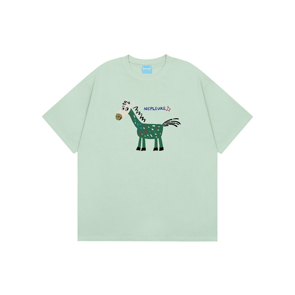 Light green short-sleeve crew-neck T-shirt with a speckled green cartoon horse graphic on the chest, flat view