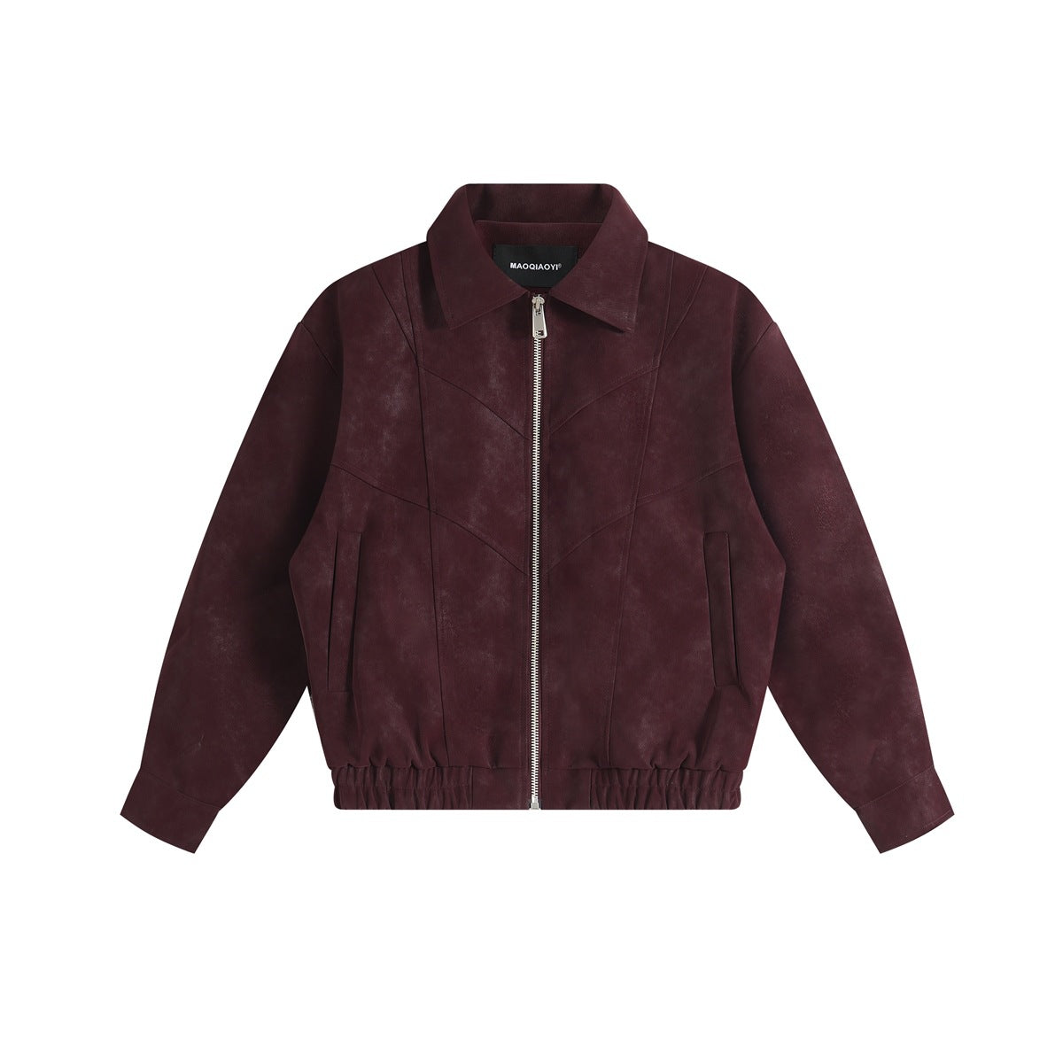 Wine red zip-front jacket with collar, angled seam panels, front pockets and elastic hem, flat front view