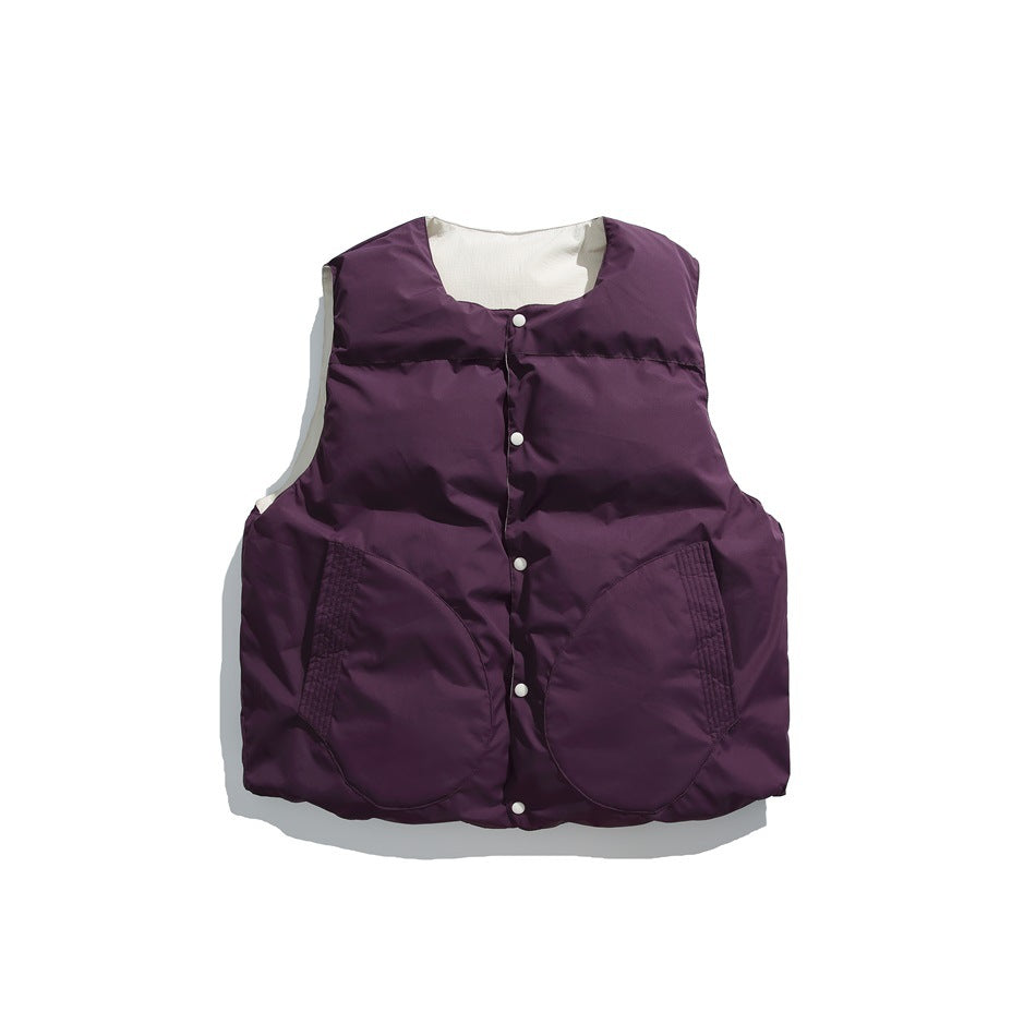 Deep purple padded vest with white snap buttons and two large rounded front pockets.