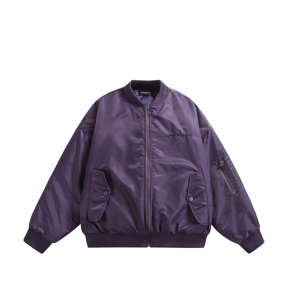 Purple bomber jacket flat lay, front view with zipper, snap flap pockets, ribbed collar and sleeve zip pocket