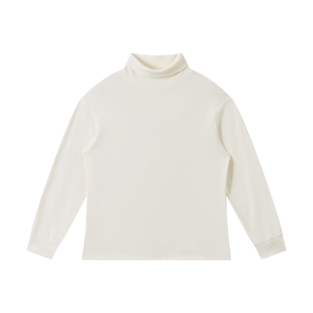 Cream turtleneck long-sleeve pullover flat lay with drop shoulders and ribbed cuffs