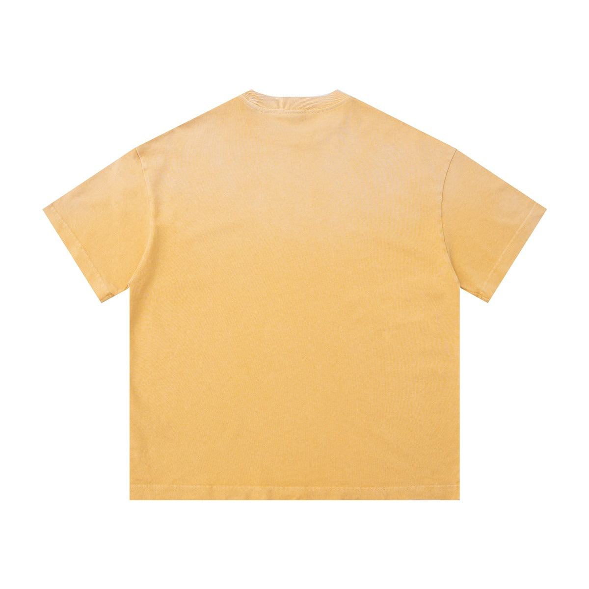 Back view of a plain golden-yellow short-sleeve crew-neck T-shirt.
