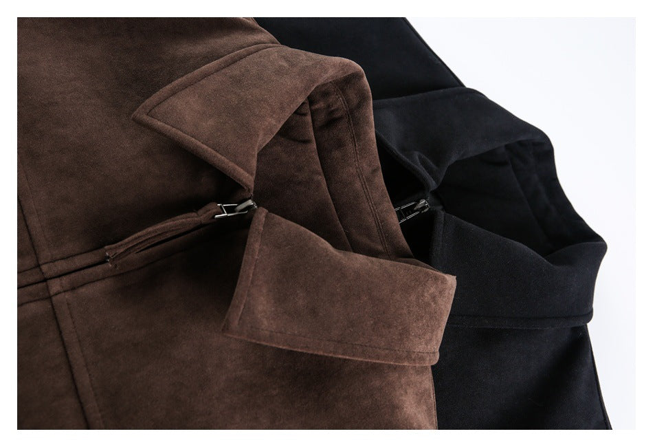 Close-up of brown and black jackets showing their collars, zippers, and cuff details.