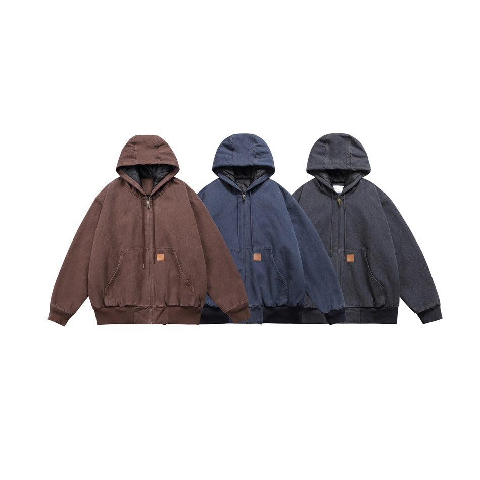 Three hooded zip jackets shown together in brown, navy blue, and charcoal gray.