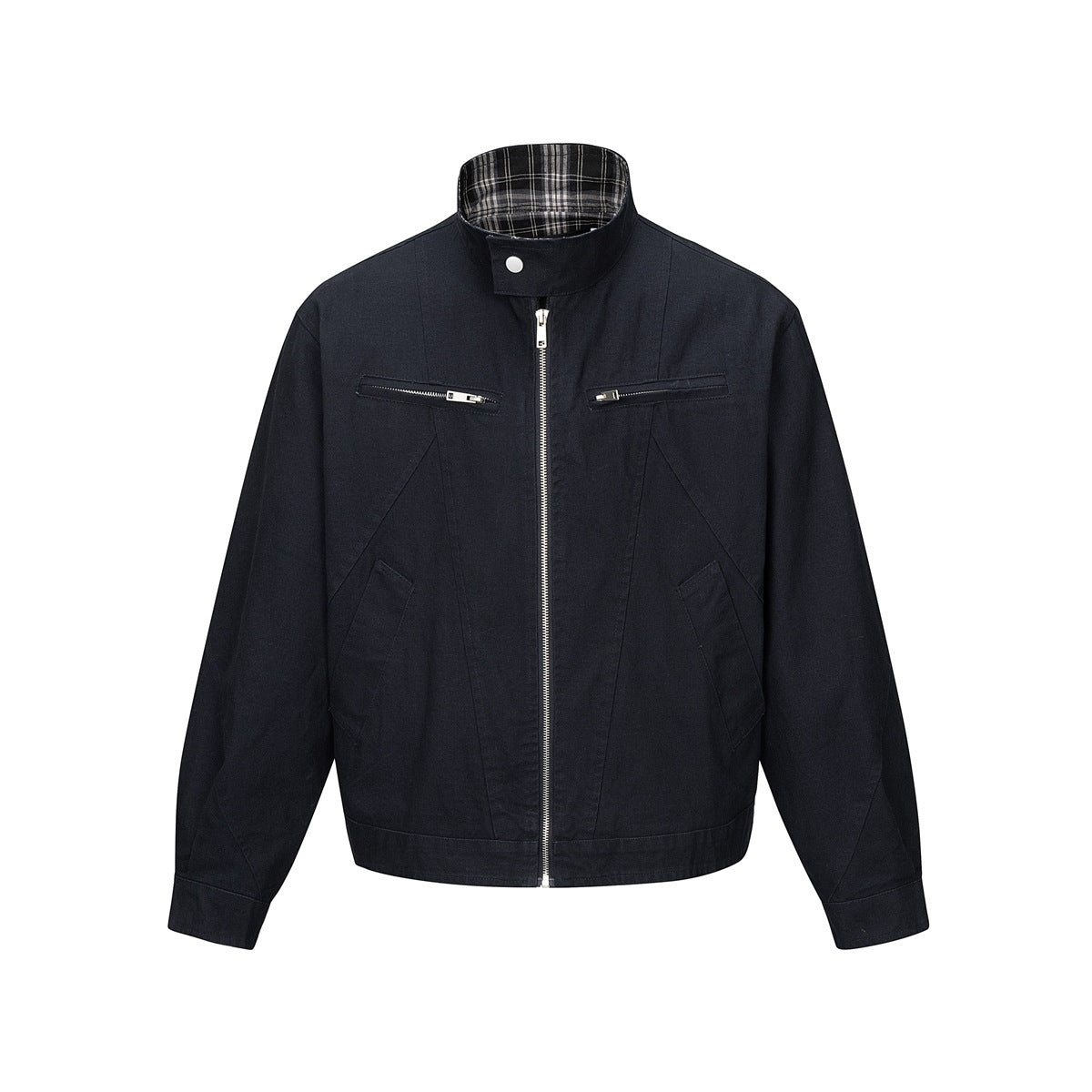 Navy zip-front stand-collar jacket with zippered chest pockets and plaid collar lining, front flat view