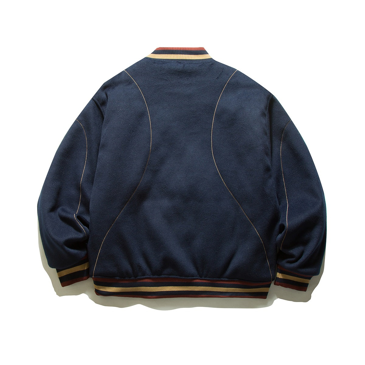 Back view of a navy varsity jacket with curved contrast piping and striped ribbed collar, cuffs, and hem.