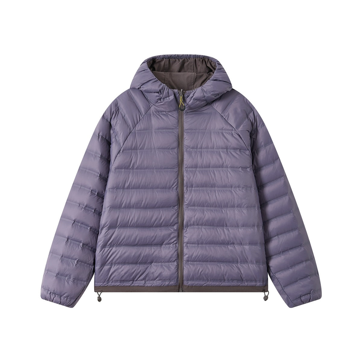 Purple quilted hooded zip jacket flat lay, reverse side, with toggle drawstring hem