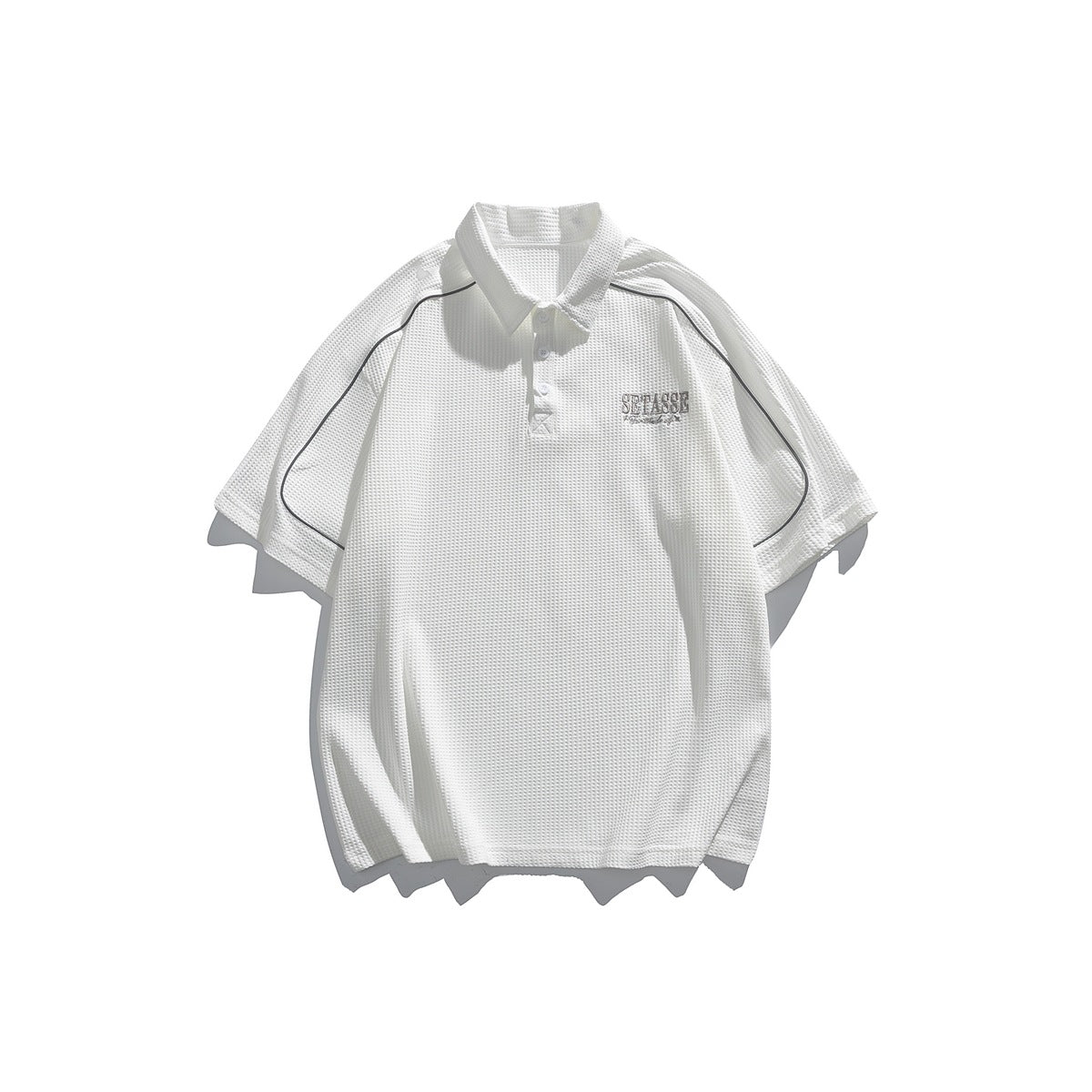 White waffle-textured short-sleeve polo shirt with dark gray sleeve piping and small embroidered chest lettering, front view