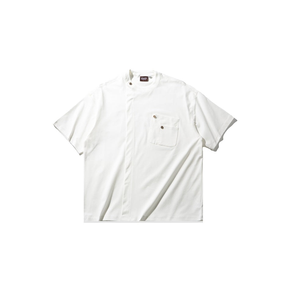 White short-sleeve tee flat lay with off-center front seam, buttoned chest pocket and buttons at the neck
