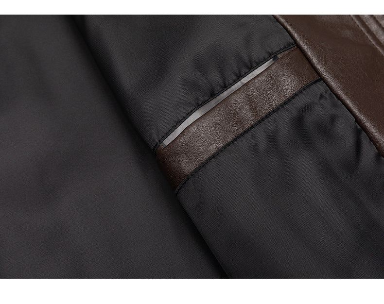 Close-up of the jacket's dark lining and a brown trim seam.