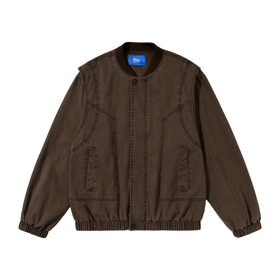 Coffee brown bomber-style jacket flat lay, front view, with ribbed collar, snap placket, slit pockets and elastic hem