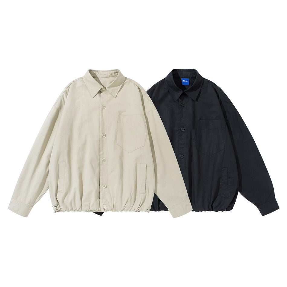 Light beige and black collared jackets shown side by side from the front, with buttons and pockets.