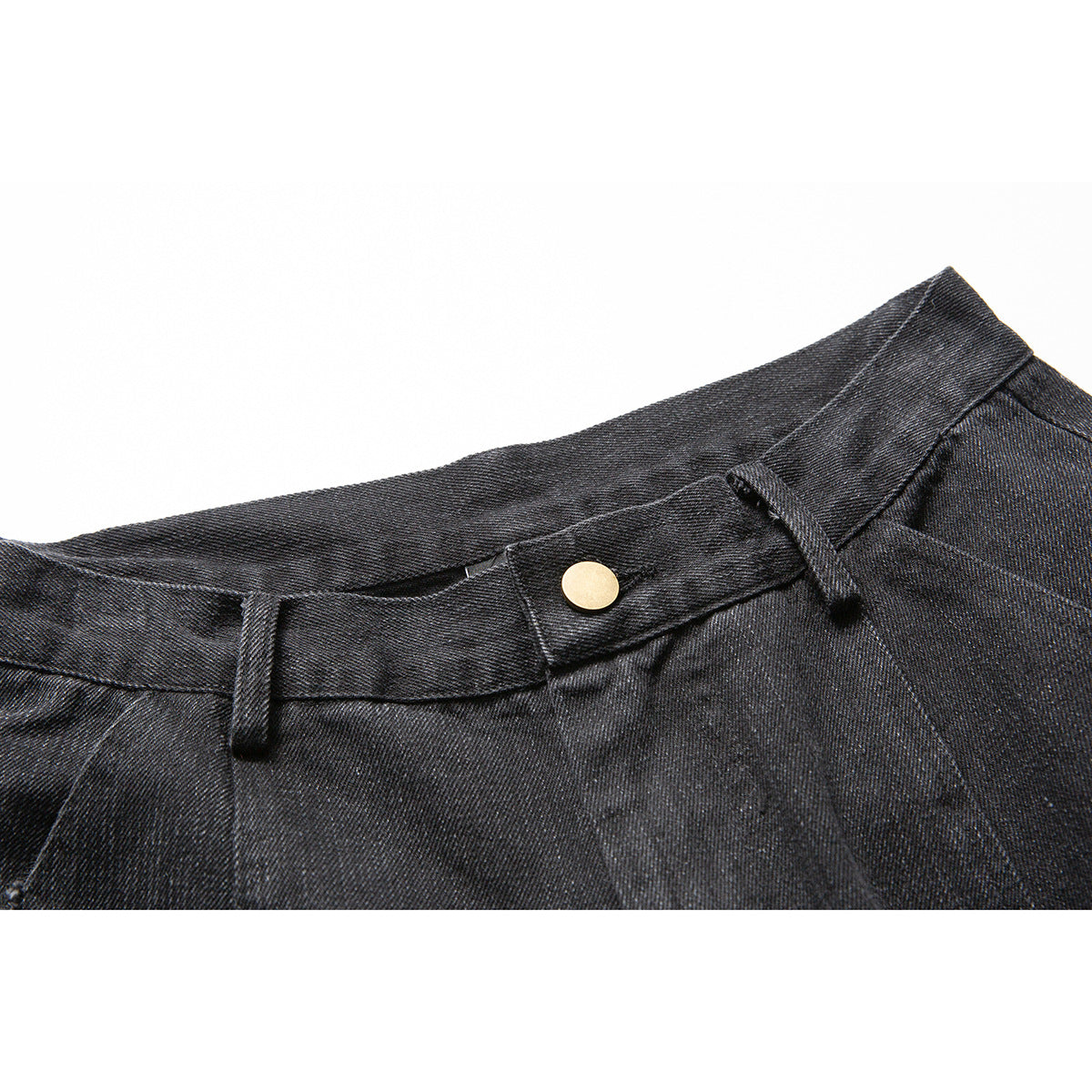 Close-up of dark charcoal pants showing the waistband, belt loops, and a brass-colored button.