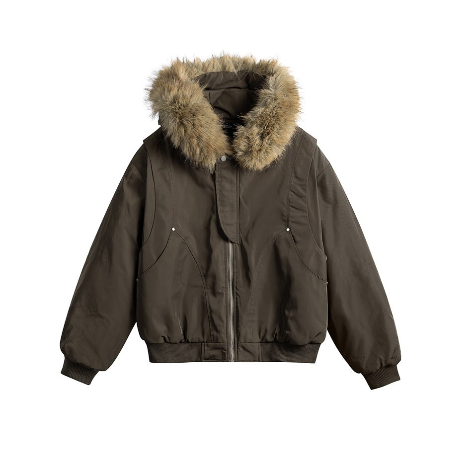 Coffee brown hooded zip-front padded jacket with fur-like hood trim and ribbed hem, flat front view
