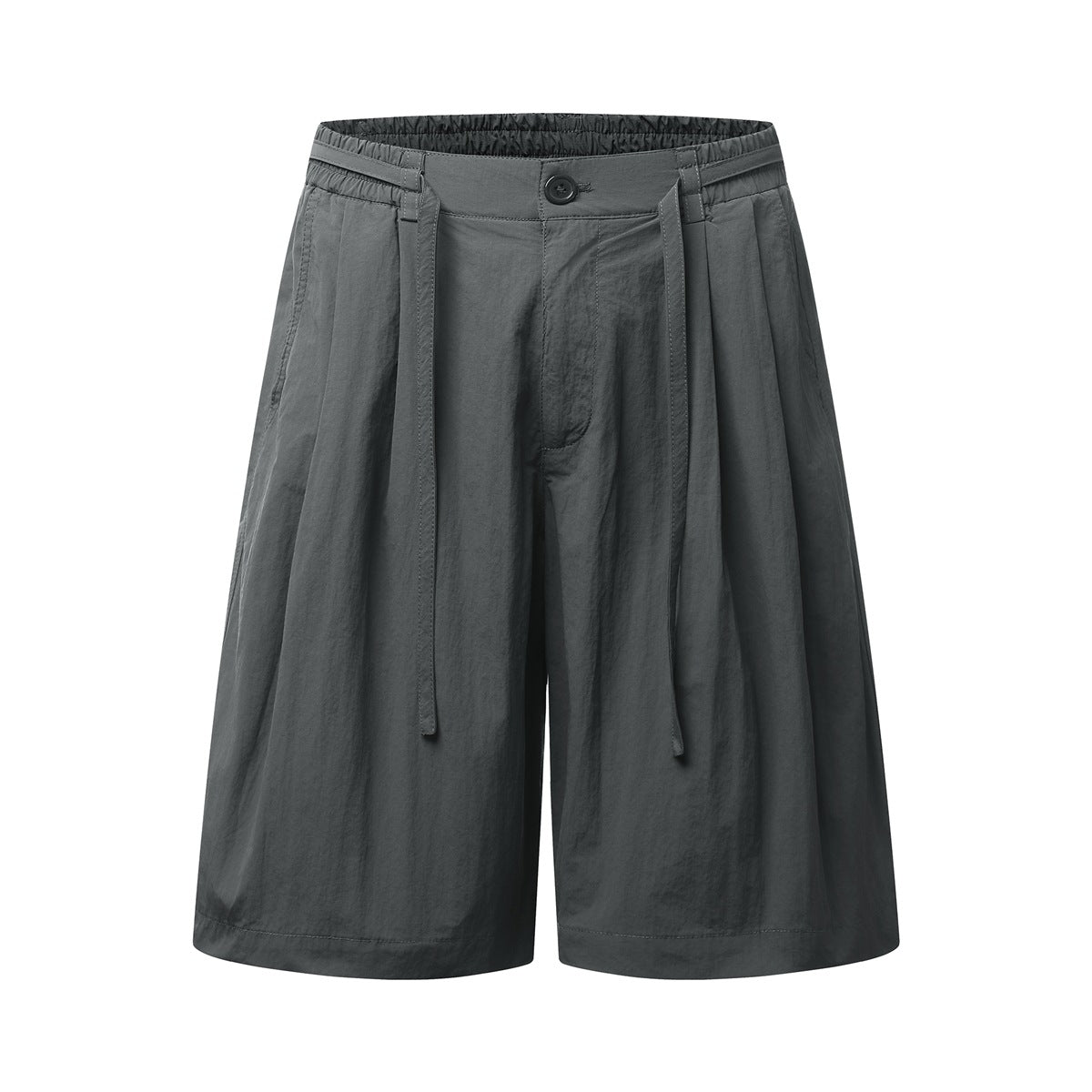 Gray wide-leg pleated knee-length shorts with elastic waist, button and long tie strips, flat front view