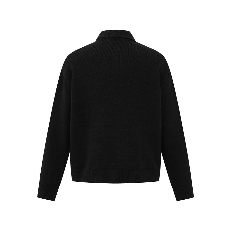 Back view of a black long-sleeve knit sweater with a polo collar and ribbed hem and cuffs.