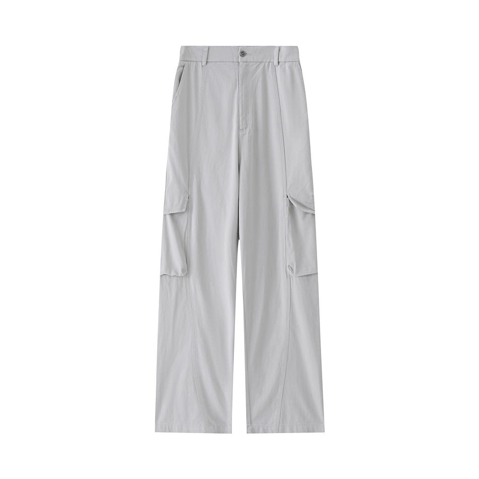 Light gray wide-leg cargo pants, front flat view with button closure and large side cargo pockets