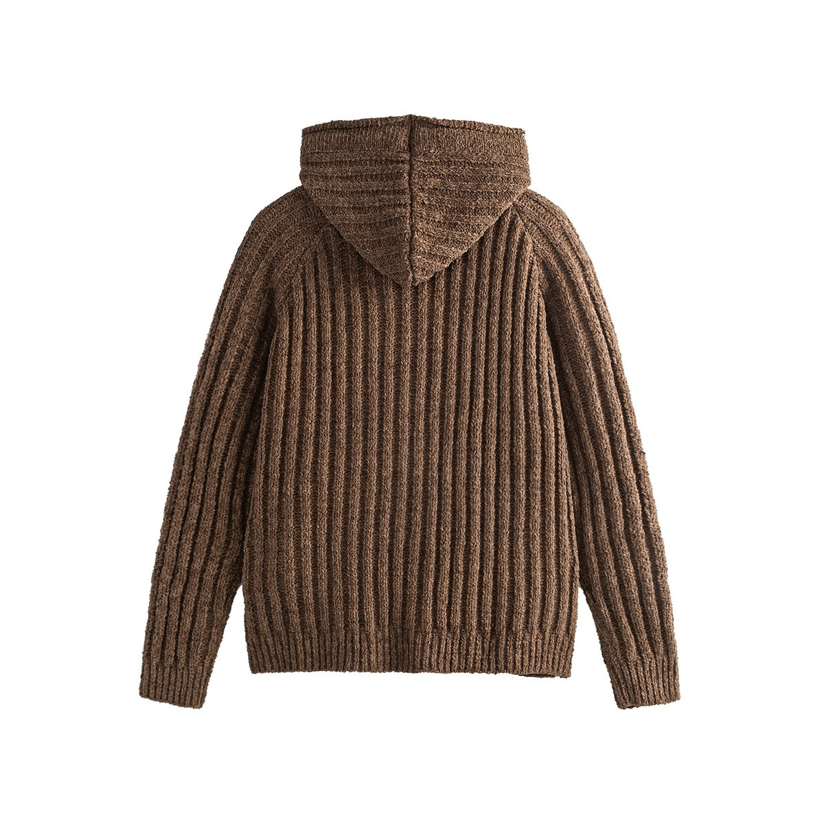Back view of a brown rib-knit cardigan with long sleeves and a hood.
