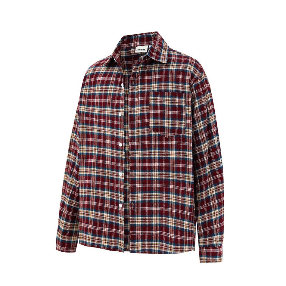 Red plaid long-sleeve button-up shirt with chest pocket, shown at a three-quarter angle on a white background