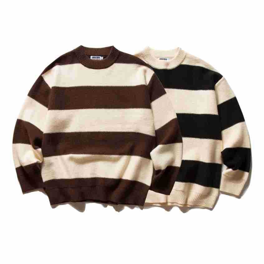 Two crewneck striped sweaters shown from the front: one brown and cream, the other black and cream.