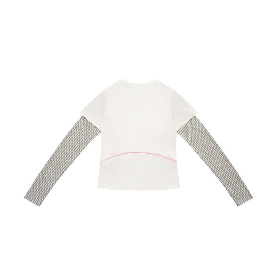 Back view of a white short-sleeve top layered over long sleeves with fine pink and green stripes.