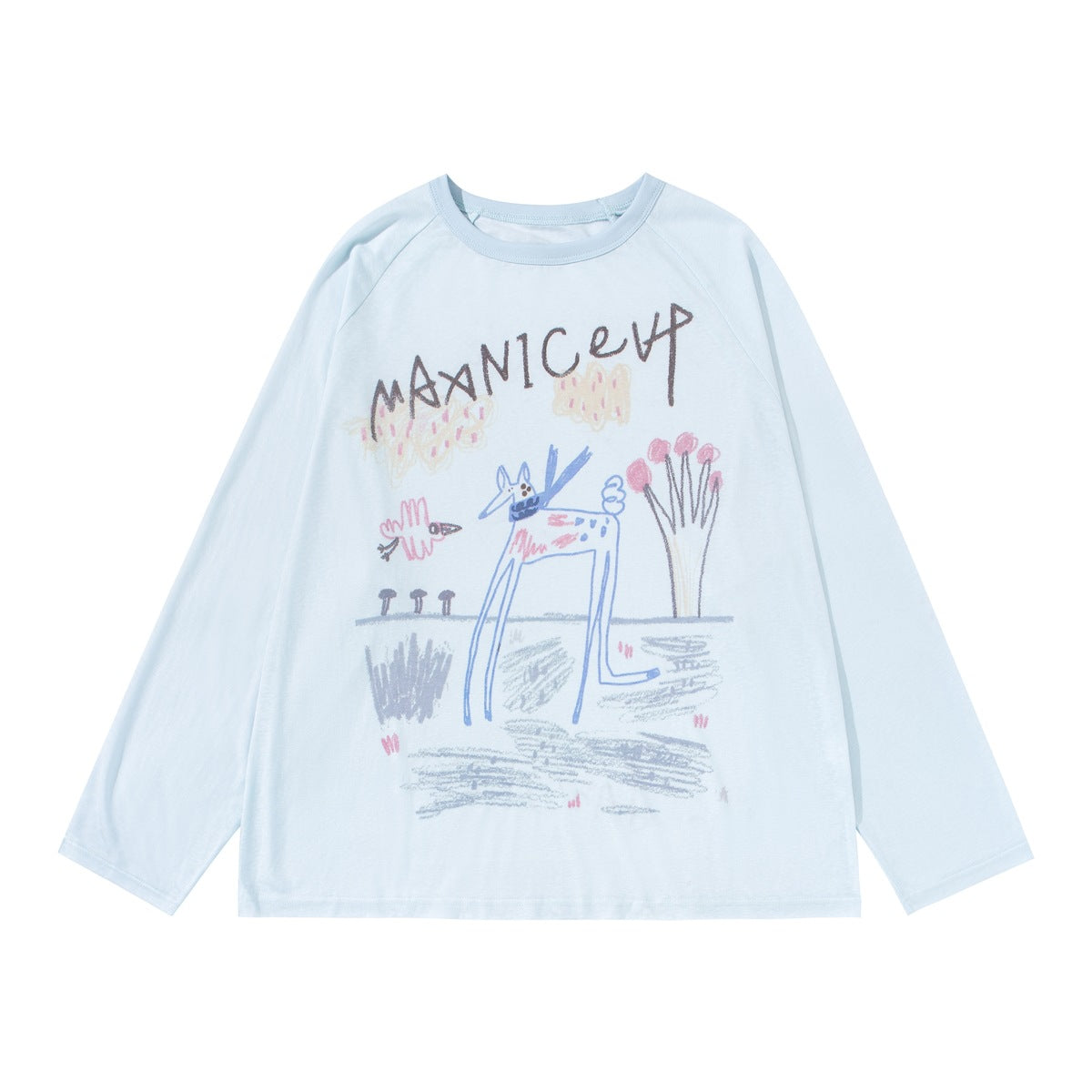 Light blue long-sleeve raglan crew-neck tee with crayon-style animal, bird and tree graphic, flat lay front view