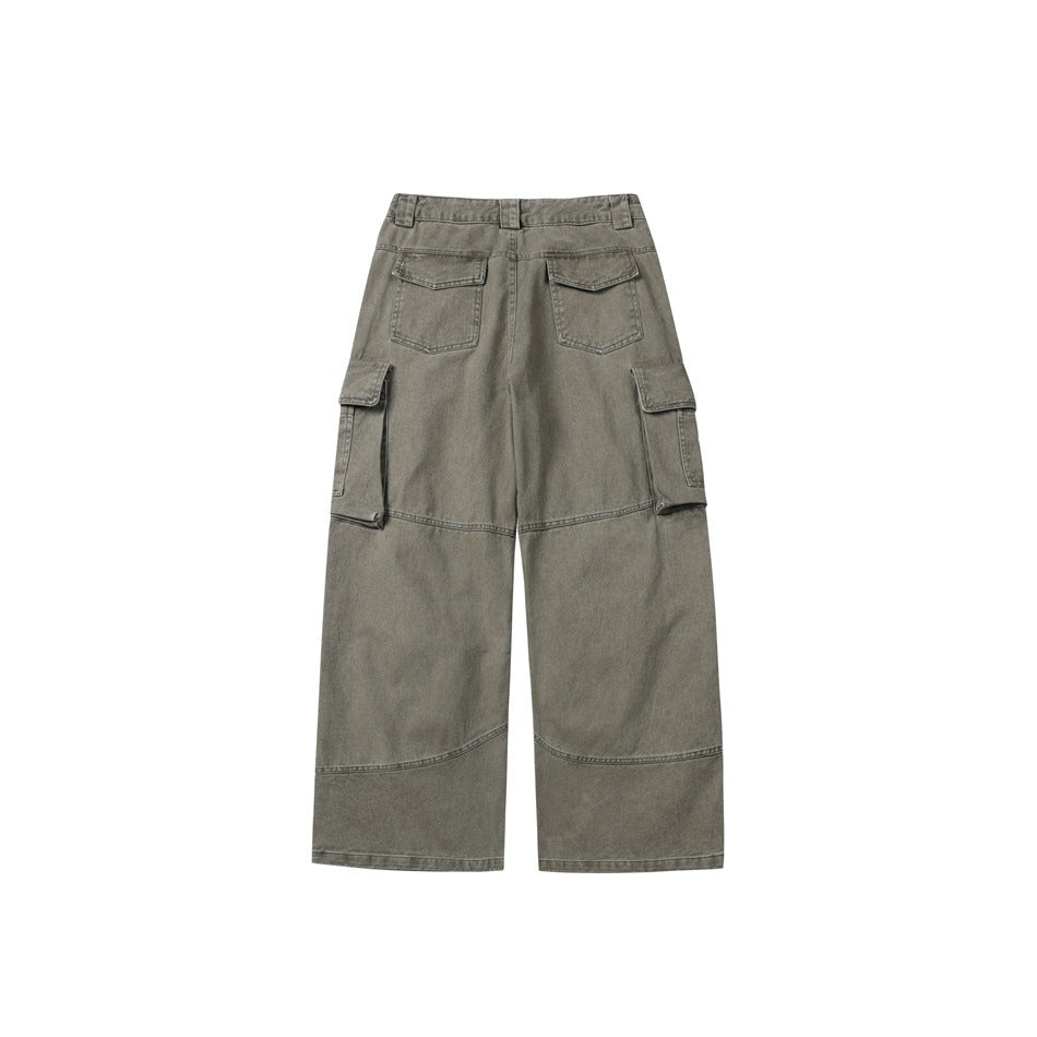 Back view of gray-olive wide-leg cargo pants with two rear pockets and flap cargo pockets.